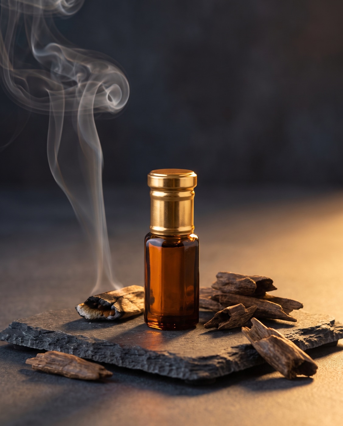 A dark still life of Al Mifdaal oud oil, agarwood chips and bukhoor incense resting in warm low light