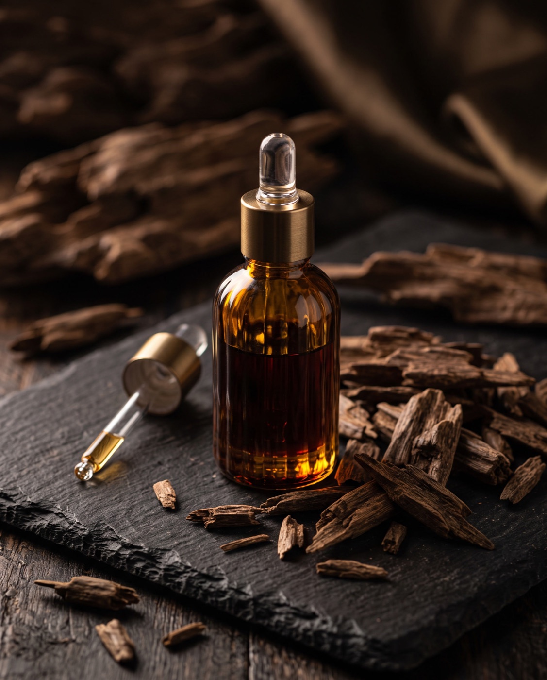 A small bottle of Dahn Al Oudh Nafees Cambodian agarwood oil on a dark surface