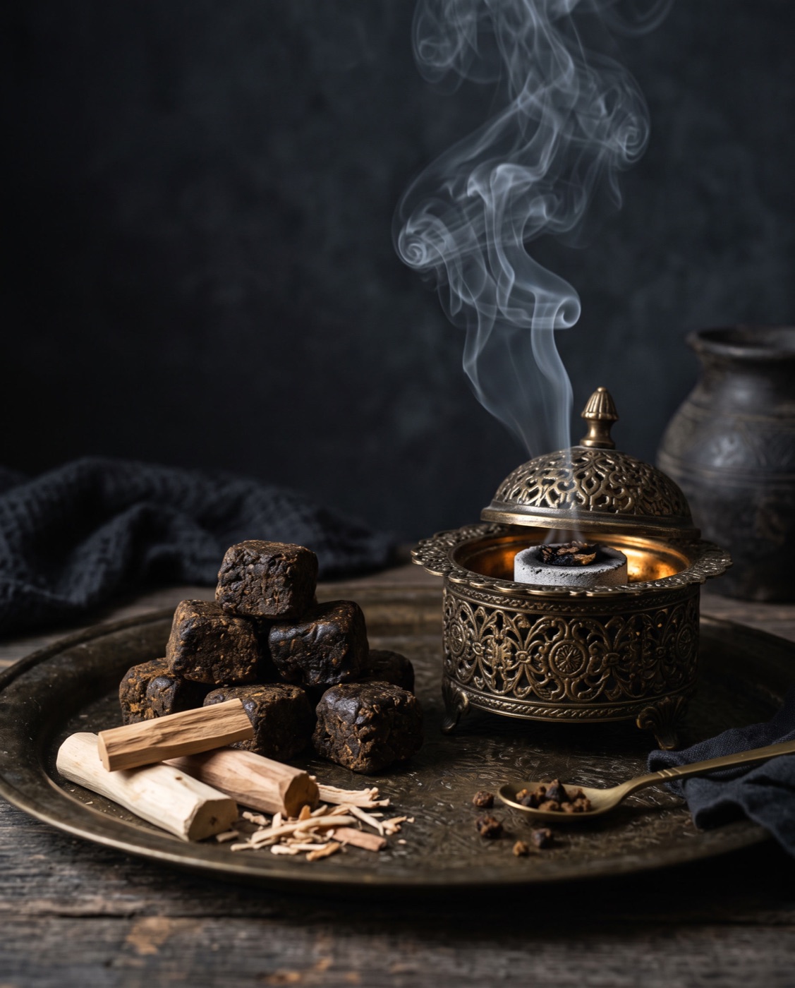Sandal and Oud Bakhoor incense on a dark textured surface