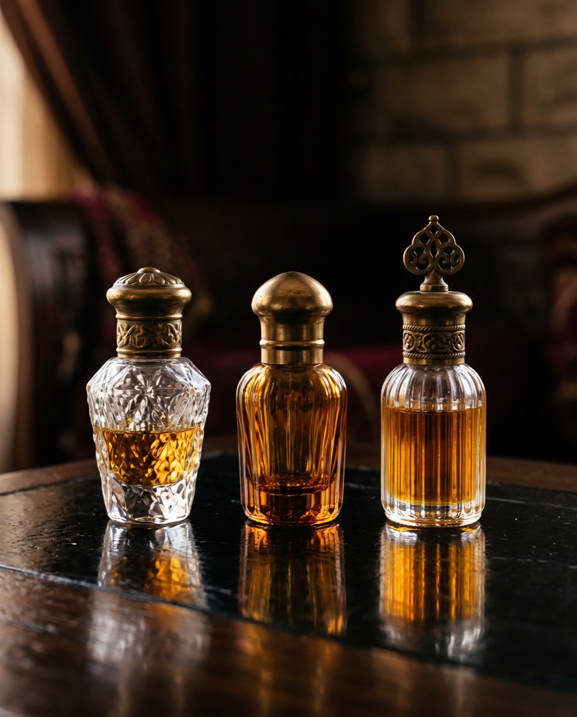 Citrus Amber Mukhallat perfume oil bottle on a dark surface