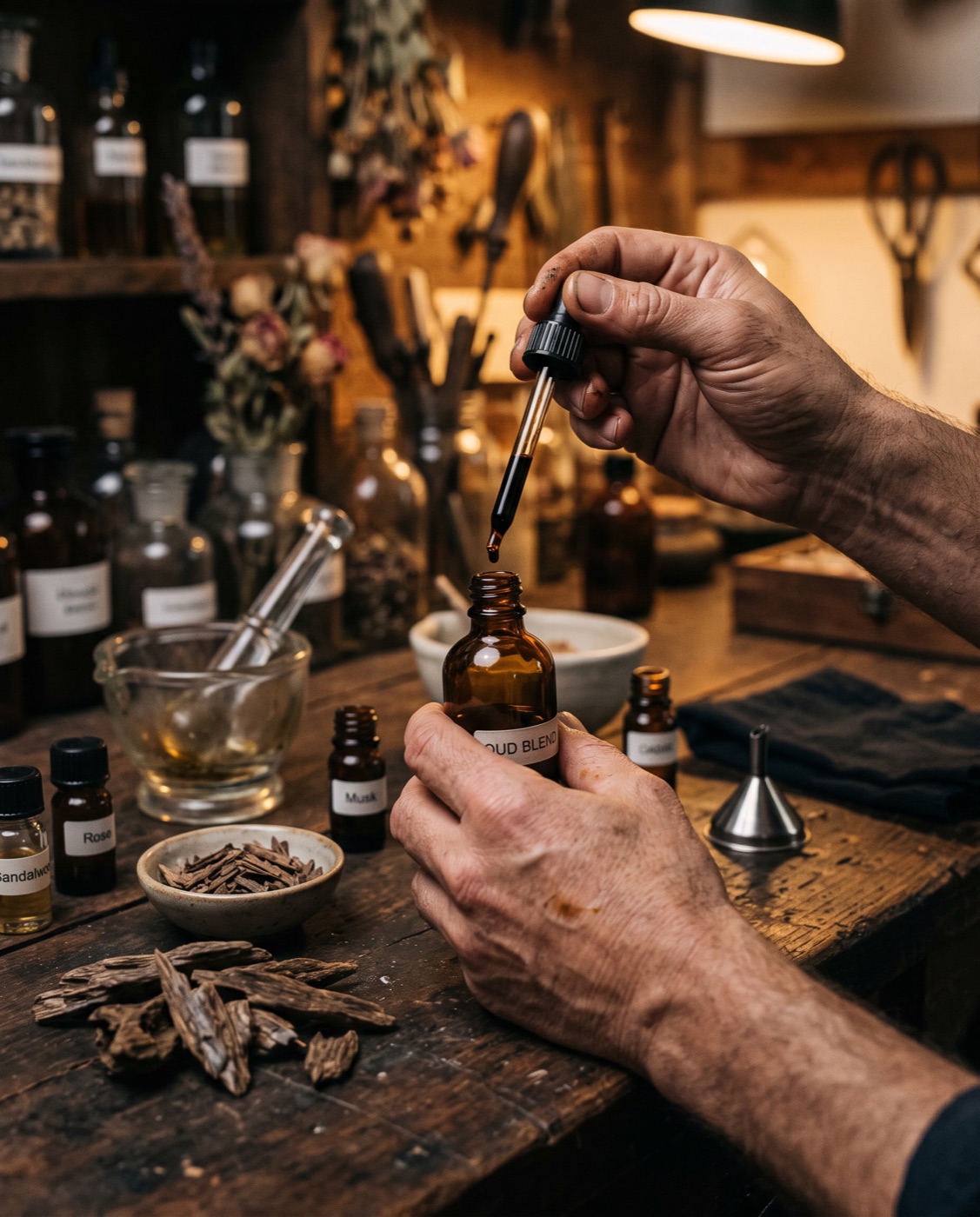 Agarwood chips and Al Mifdaal fragrance bottles arranged on a warm textured surface